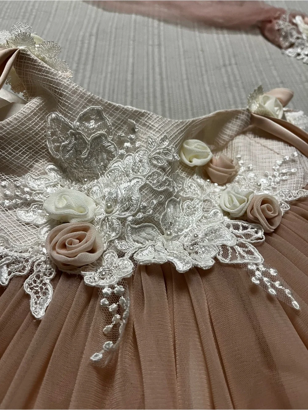 Cream & Blush Tulle Flower Girl Dress with Lace Bodice